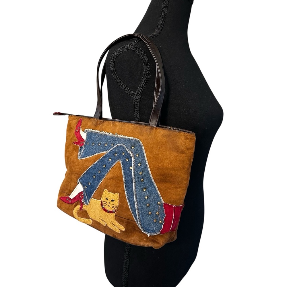 Faded Glory Brown Shoulder Bag with Cat and Denim Accents Chic Studded